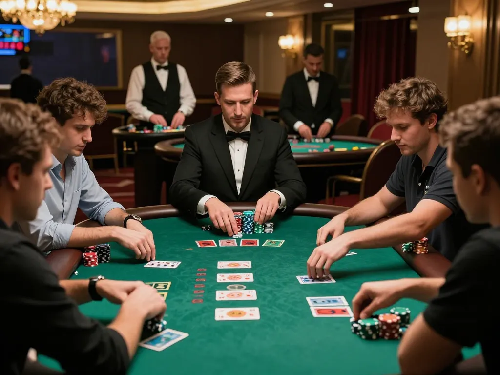 Hello88 players strategizing at a blackjack table, showcasing excitement and friendly competition during gameplay