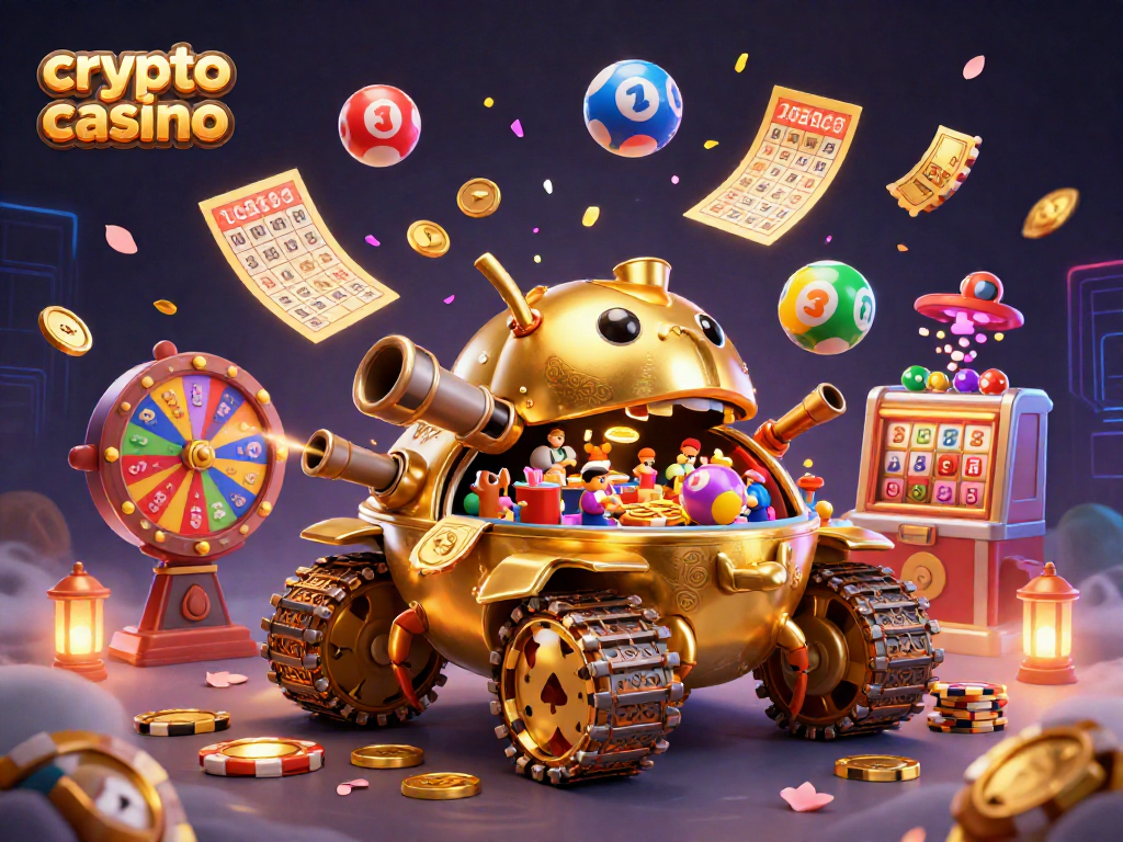 Experience the thrill of a crypto casino with a vibrant 3D illustration featuring a golden beetle tank.