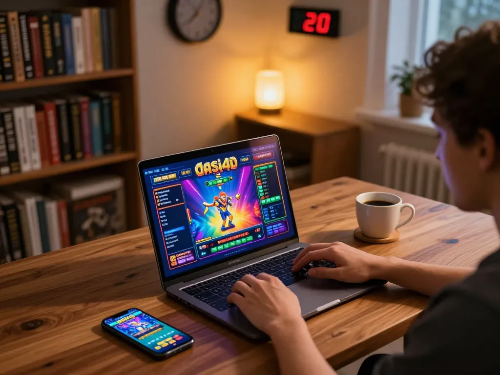 Pemain terlibat dengan permainan dasi4d slot di laptop di pengaturan rumah yang nyaman dengan pencahayaan hangat.