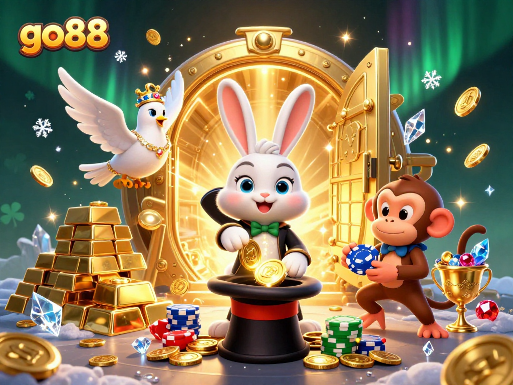 Experience thrilling wins at go88 with a vibrant 3D casino illustration featuring a magician rabbit.