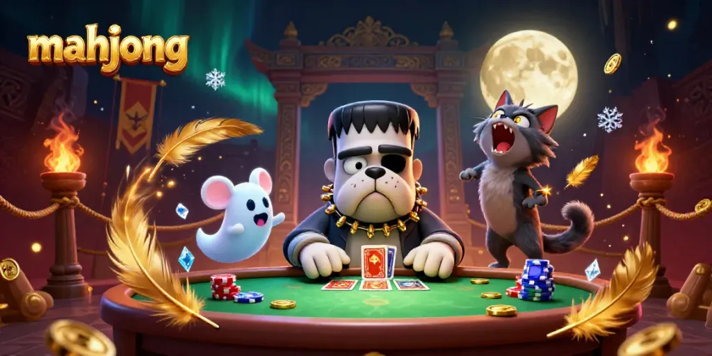 Permainan mahjong yang mendebarkan dengan karakter kartun unik di meja hijau yang diterangi cahaya mistis.
