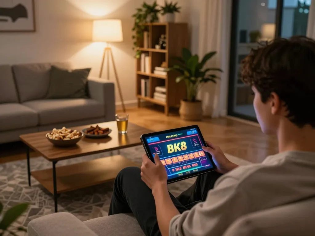 Engaged player using tablet for bk8 online casino gaming in cozy home setting