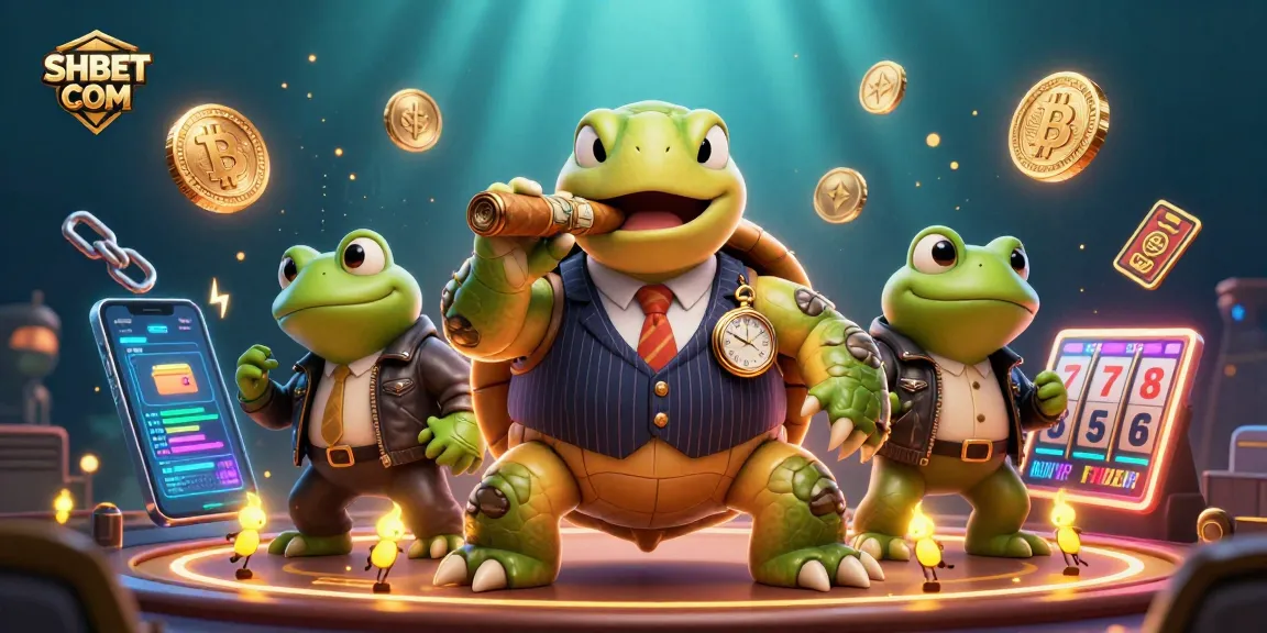 Win big with SHBET COM's exciting casino scene featuring a playful turtle and crypto elements.
