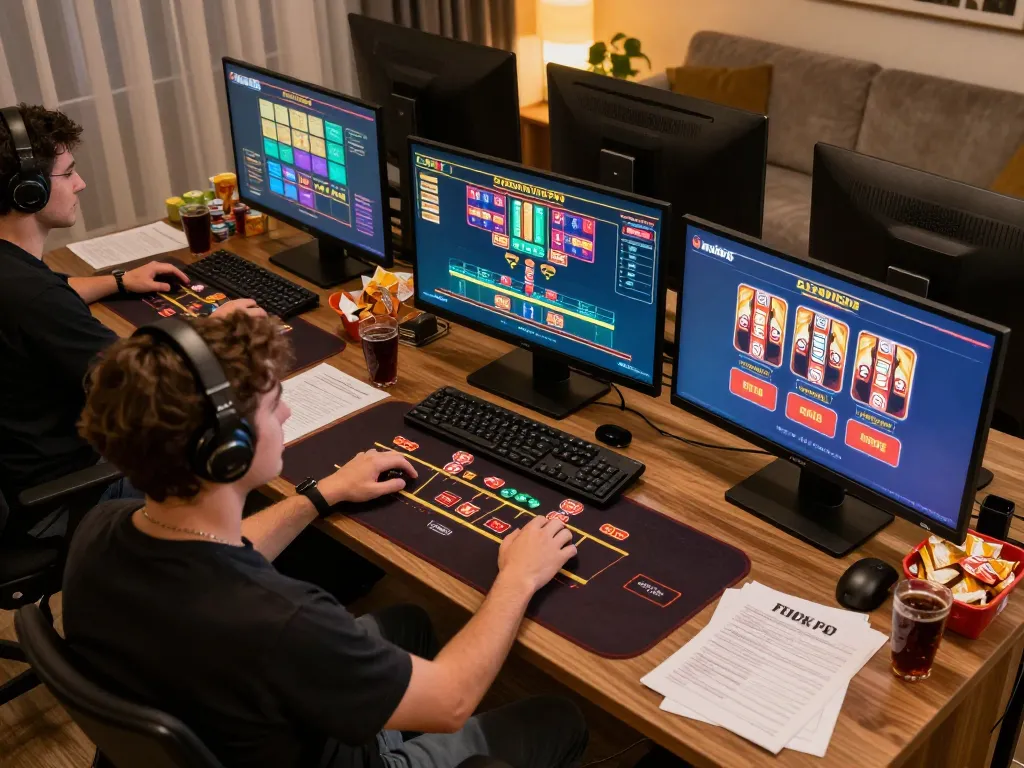 Engaging online gambling scene at home showcasing 555win25 with strategic gaming notes and multiple screens.