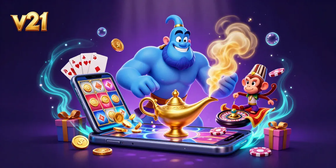 Bermain slot dengan v21 yang menampilkan lampu jin kartun dan koin emas yang berkilauan.