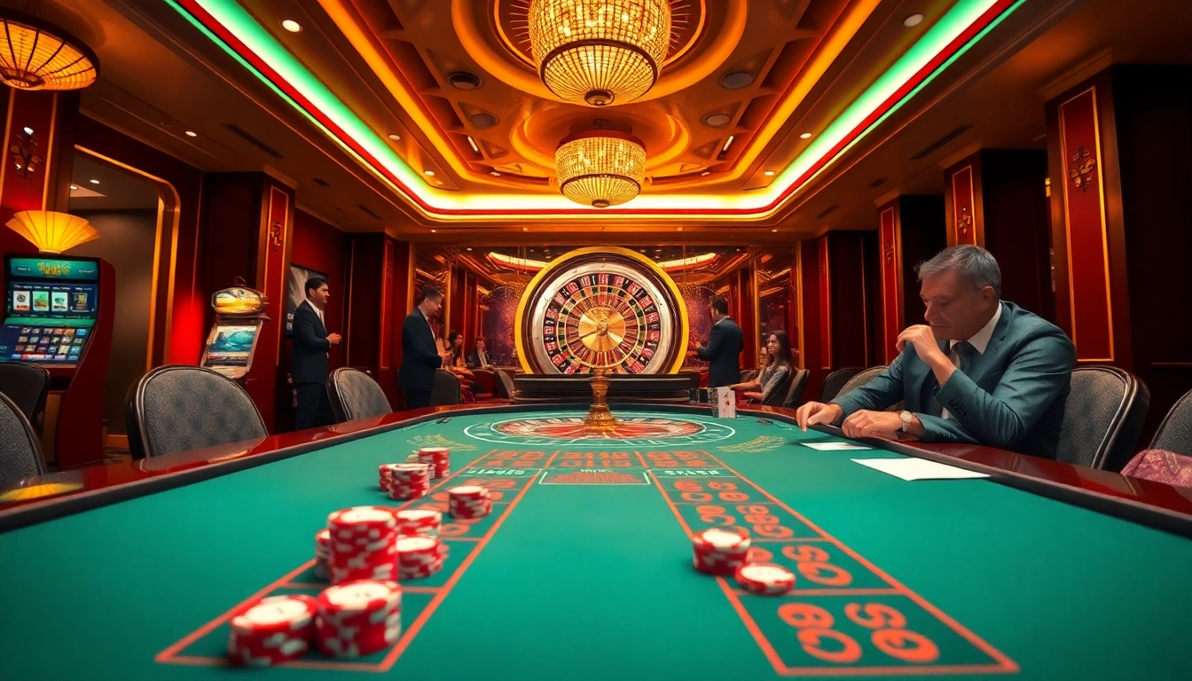 Engaging gamblers around a vibrant j88 casino table filled with cards and chips.