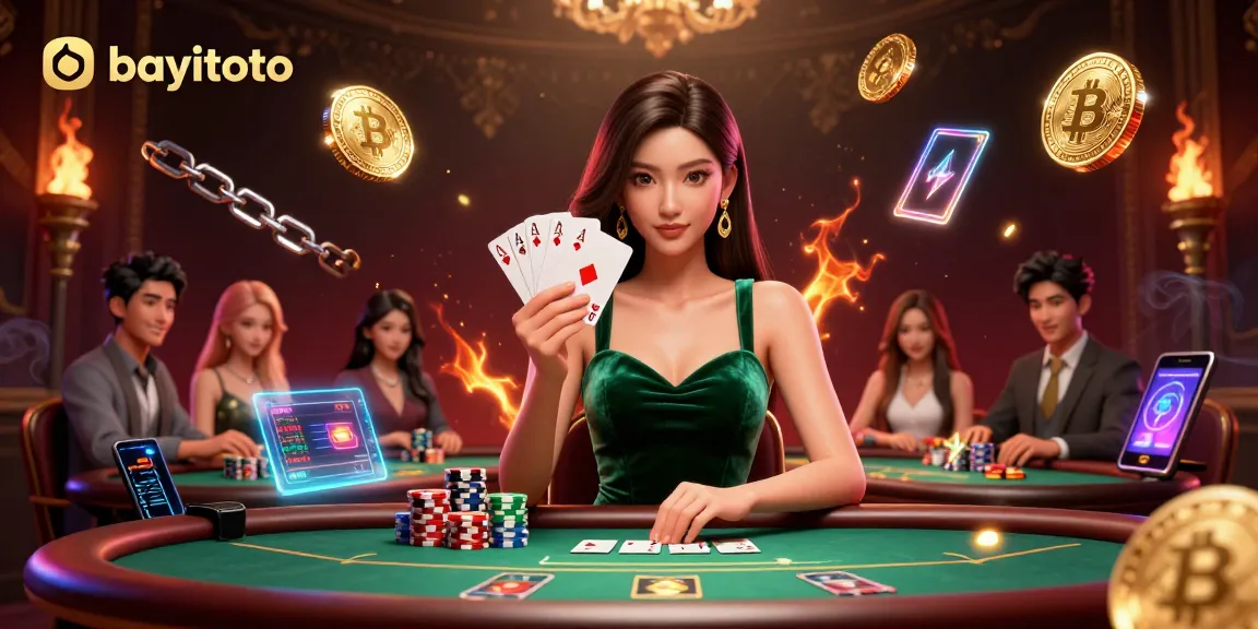 Join bayitoto's exciting poker scene with a stunning Asian woman holding cards amidst vibrant virtual elements.