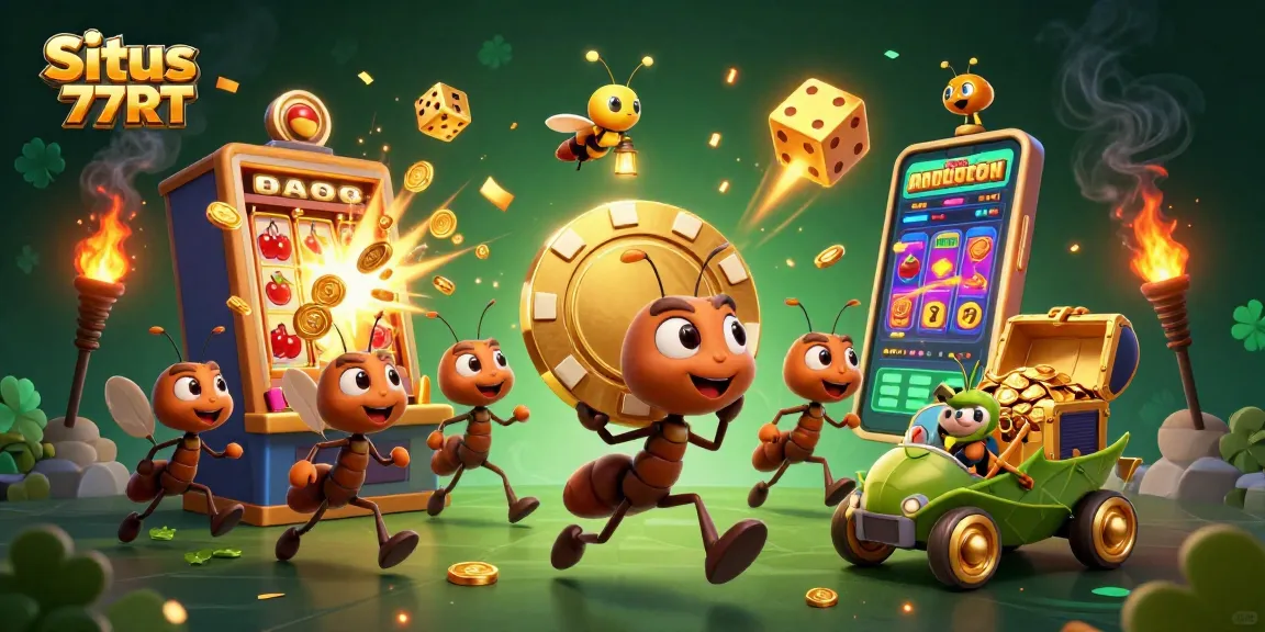 Experience thrilling action with Situs 77RT as cartoon ants steal a giant poker chip amidst bright casino elements.
