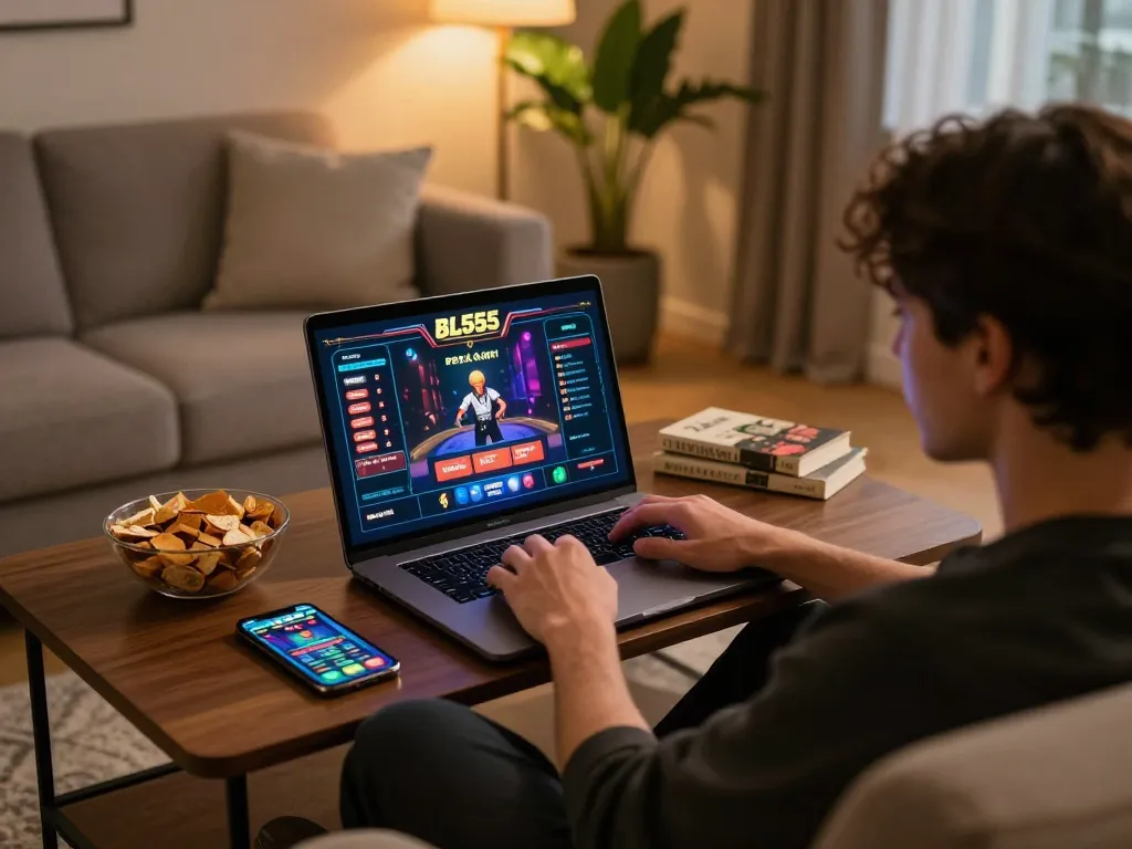 Player engaged in online gaming at bl555 with laptop showcasing casino interface and cozy home setting