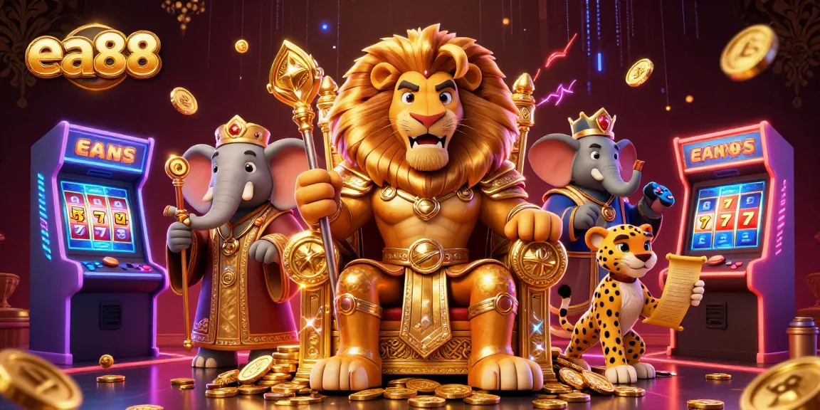 Experience exciting gameplay and jackpots at ea88 with a lion king and friends in a vibrant casino scene.