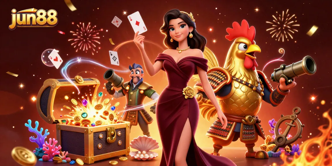 Experience thrilling gameplay with jun88’s vibrant casino scene featuring glamorous characters and golden treasures.