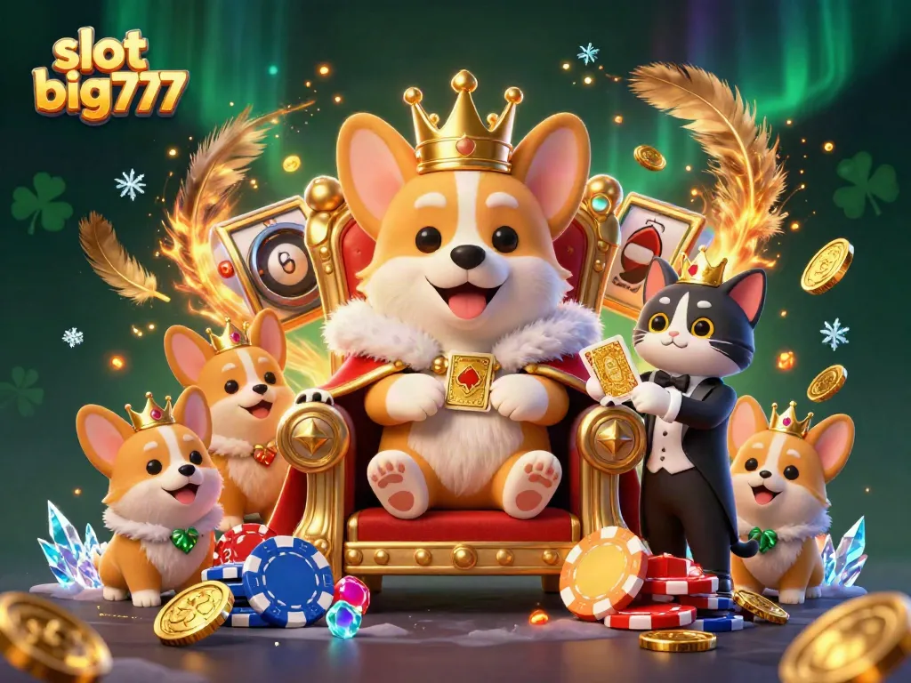 Spin the reels with the vibrant slot big777, featuring a royal corgi and dynamic casino elements.