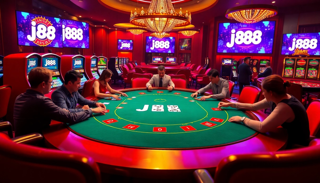 Experience high-stakes excitement at j88 casino with vibrant slot machines and an electrifying poker table.