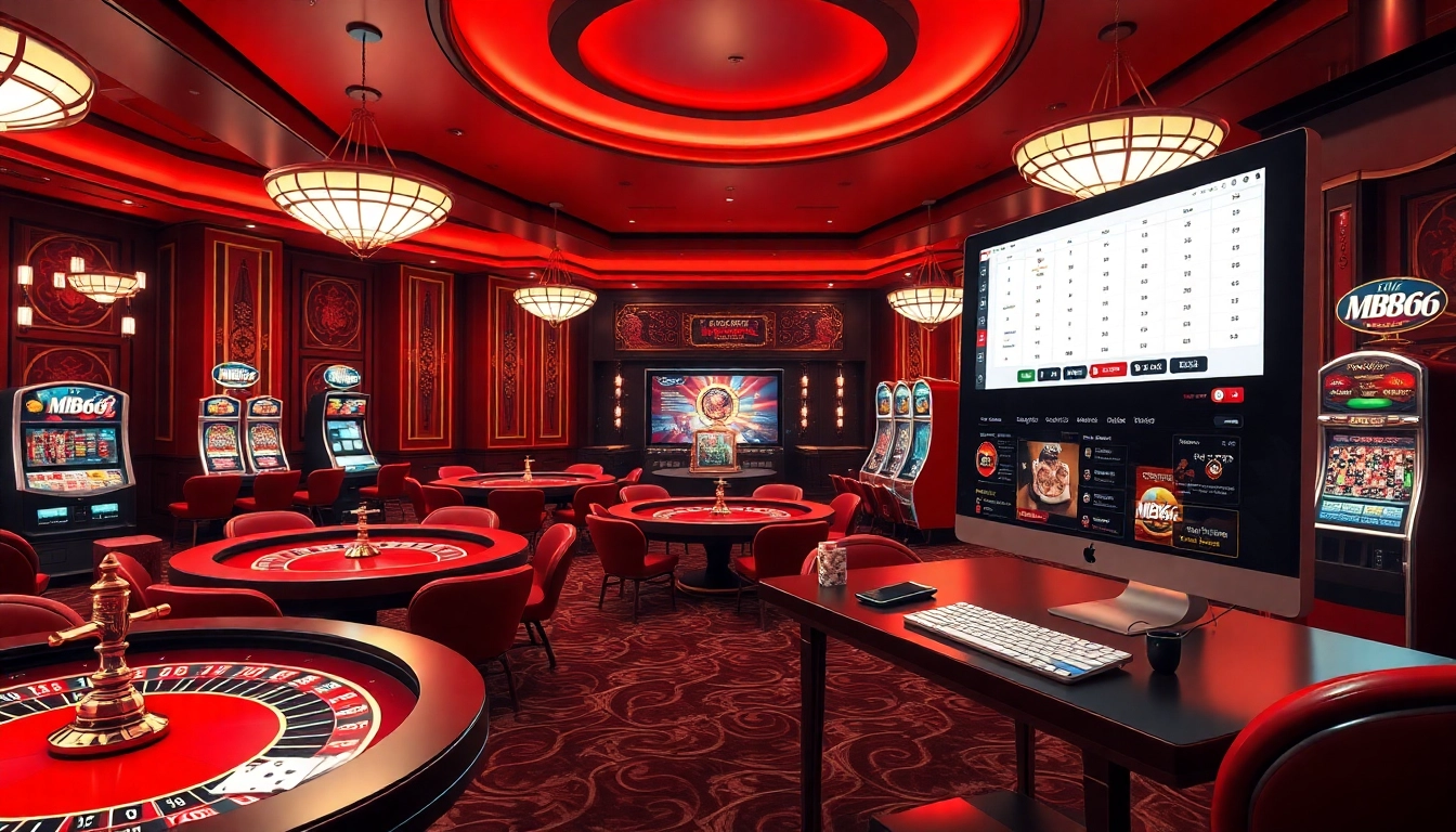 Experience the thrill of MB66 online casino with vibrant gaming elements and luxurious decor.