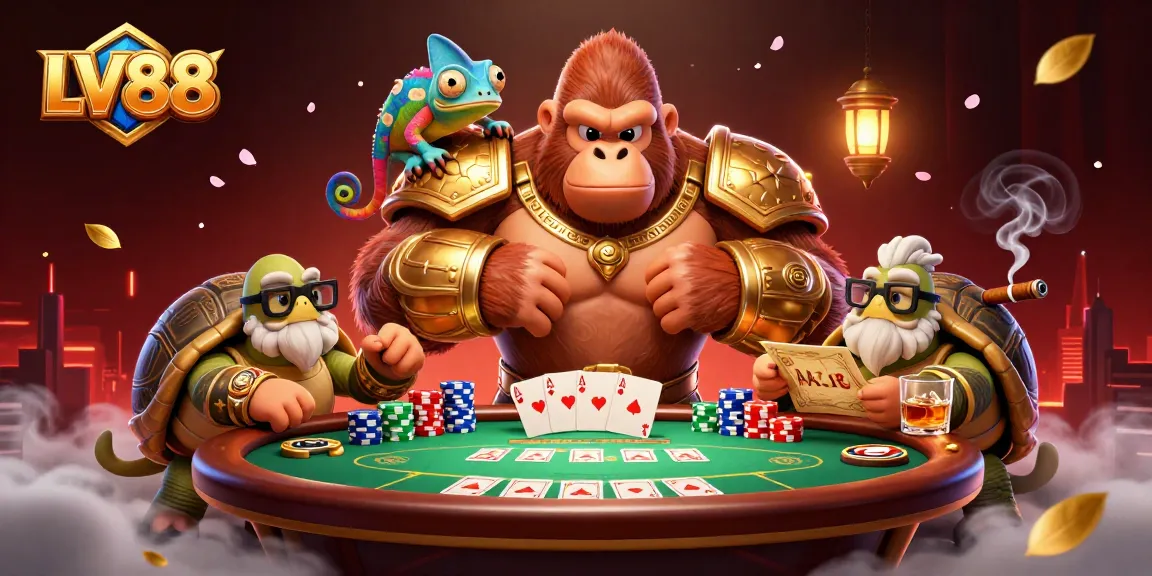 Engage with the vibrant LV88 casino scene featuring a powerful gorilla king and dynamic poker elements.