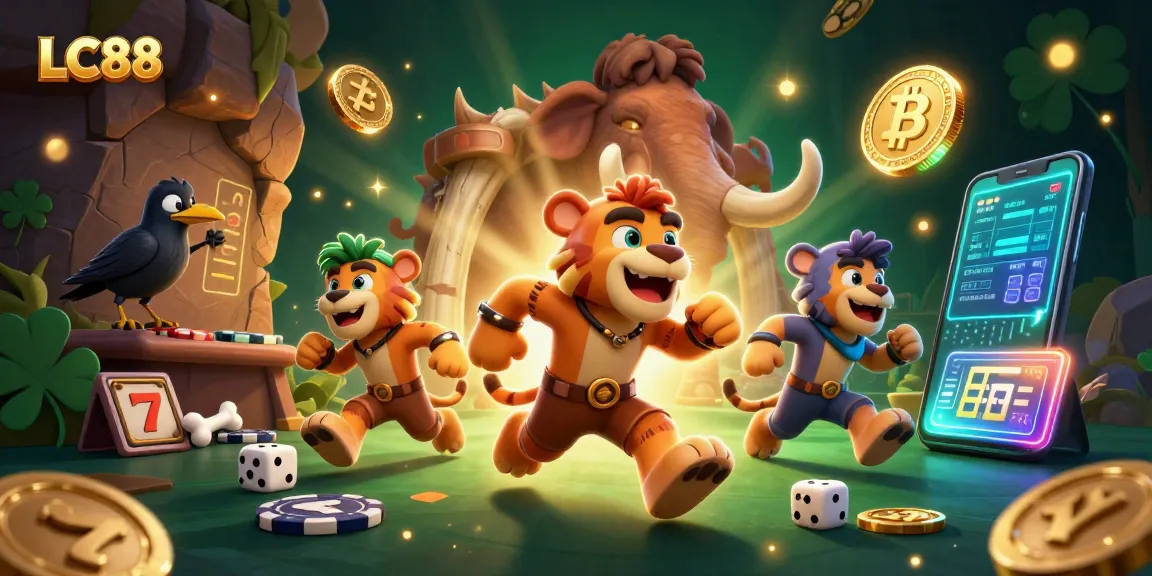 Experience gaming excitement at LC88 with a lively prehistoric casino scene filled with crypto elements.