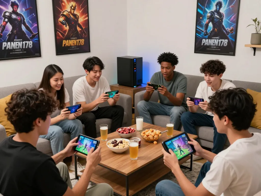 Friends enjoying Panen178 mobile game in a cozy setting with snacks and devices.