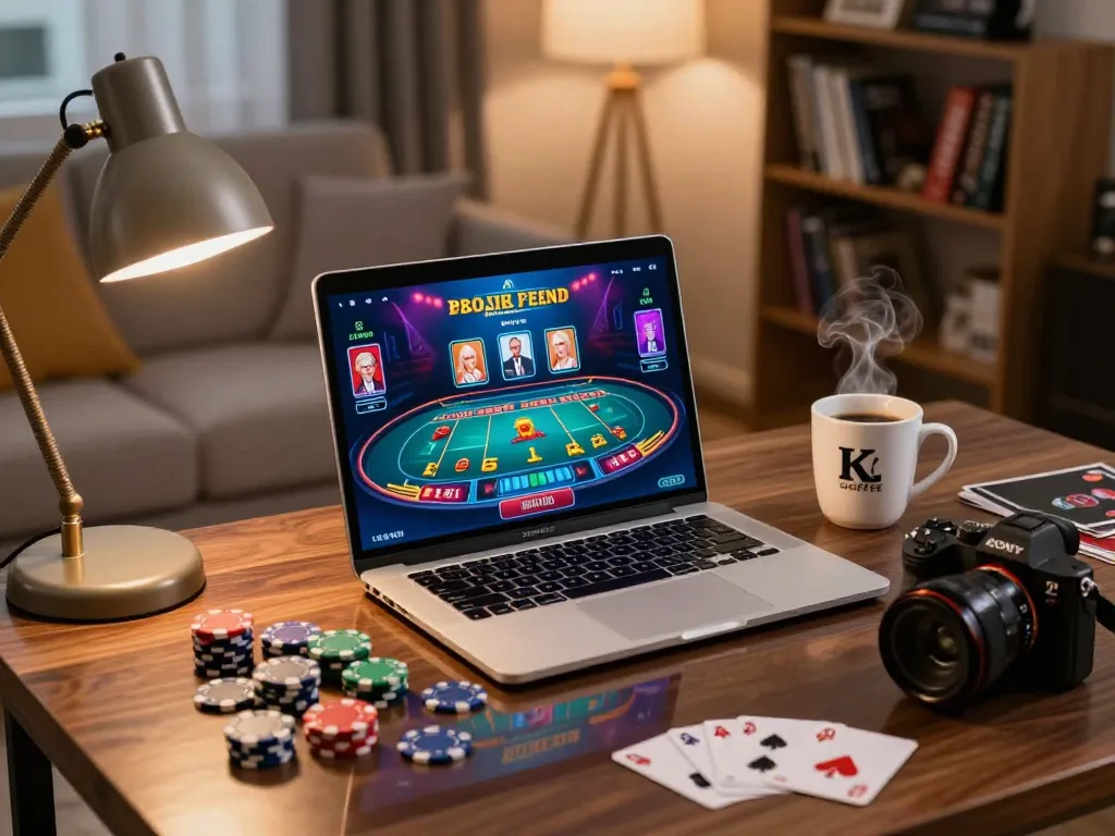 Engaging online gambling scene featuring KJC coffee beside a laptop with live dealer game interface.