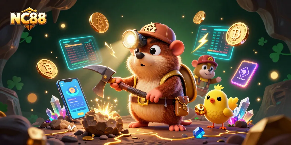 Experience thrilling wins with NC88 in this vibrant 3D casino illustration showcasing a treasure hunter and crypto elements.