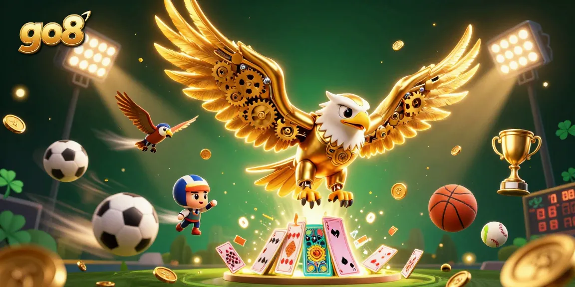 Go8 engages players with a dynamic 3D illustration of cybernetic golden eagle soaring through casino elements and sports.