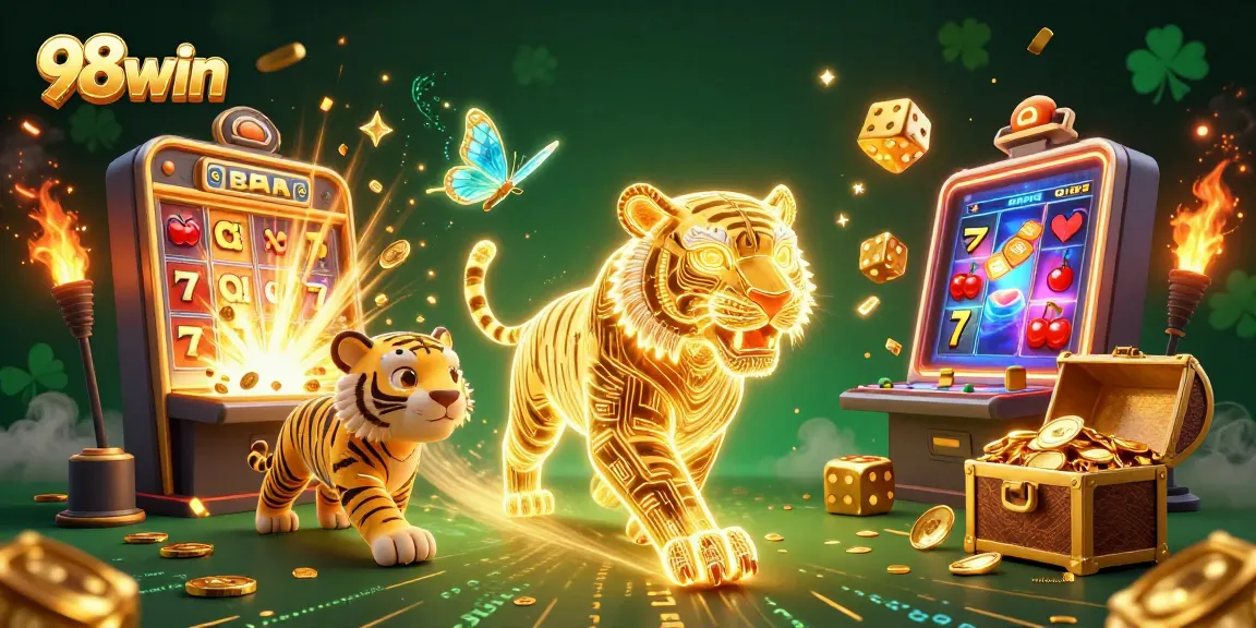 Engage with 98win's vibrant digital casino scene featuring a golden tiger and jackpot excitement