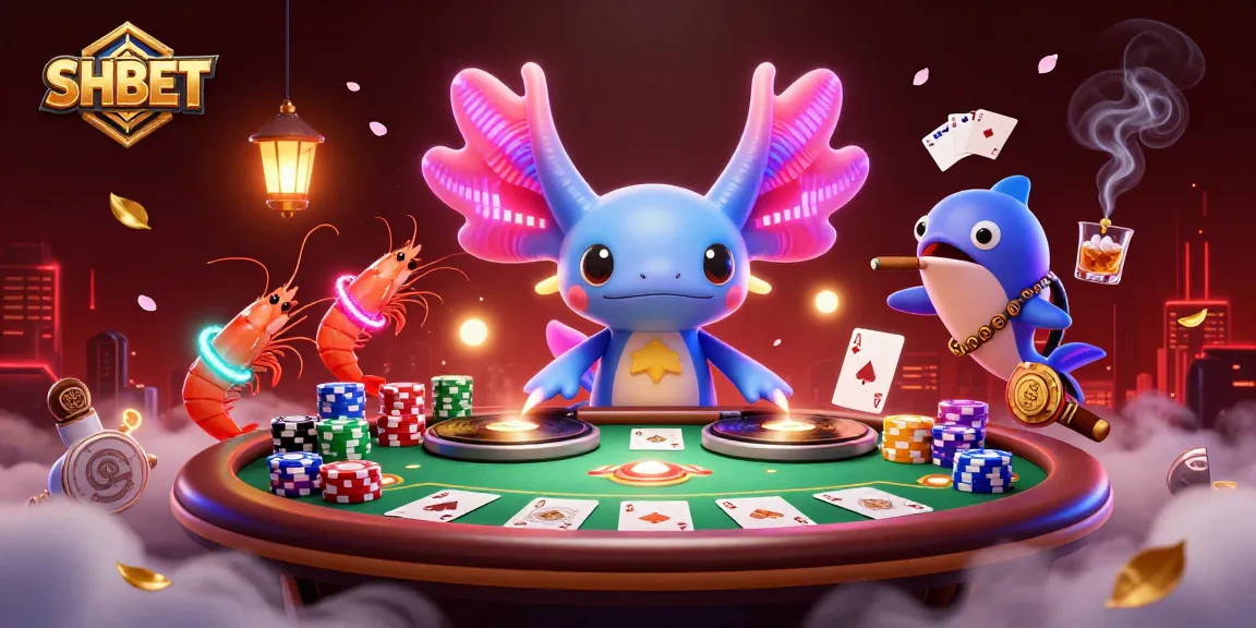 Engage in thrilling gameplay at SHBET with a vibrant casino dance scene of an axolotl DJ spinning records.