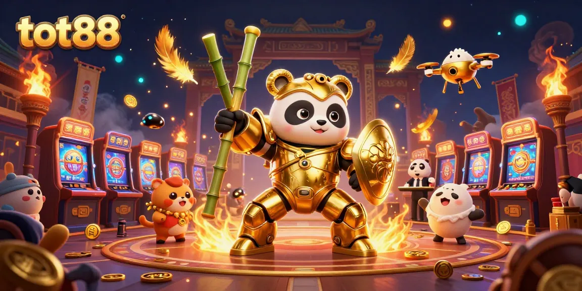 tot88 showcases a vibrant casino scene featuring a panda piloting a robot in a gaming arena.