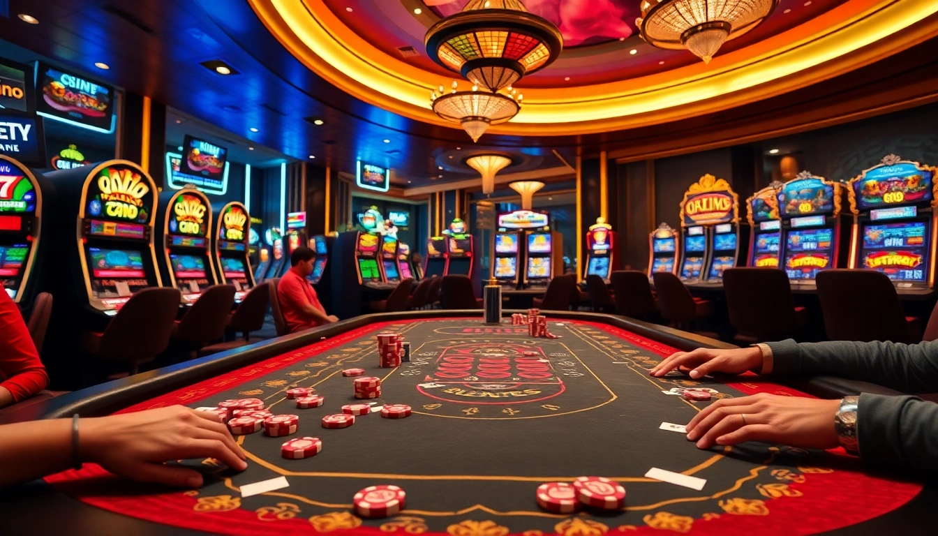 Players enjoying the thrilling game 888new at a glamorous casino table filled with poker chips and cards.