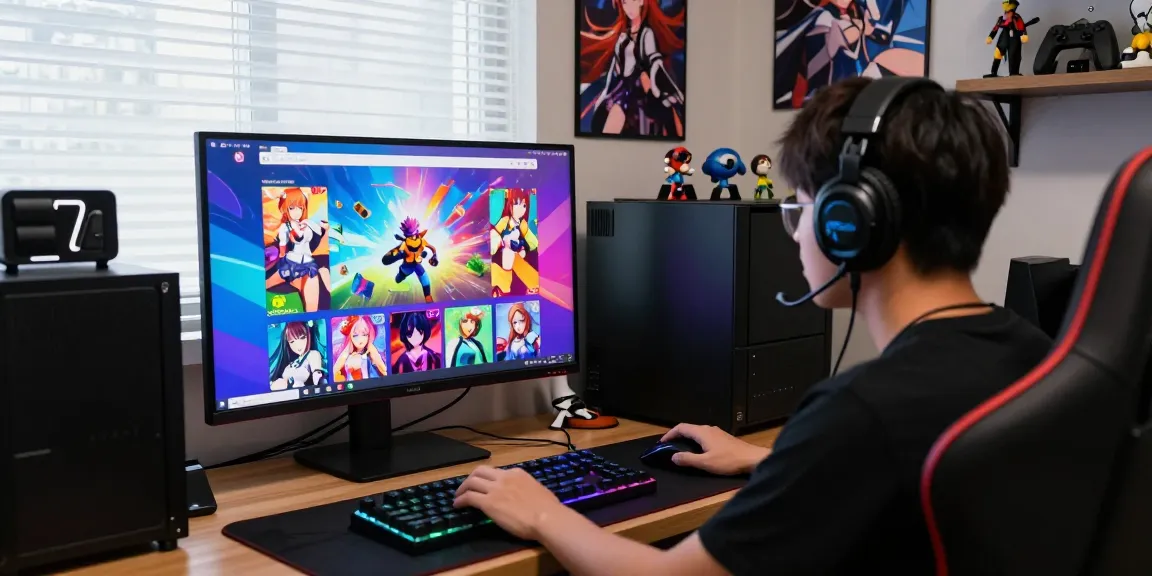 Exciting gaming scene featuring a player enjoying hentai games, vibrant browser graphics, and gaming gear.