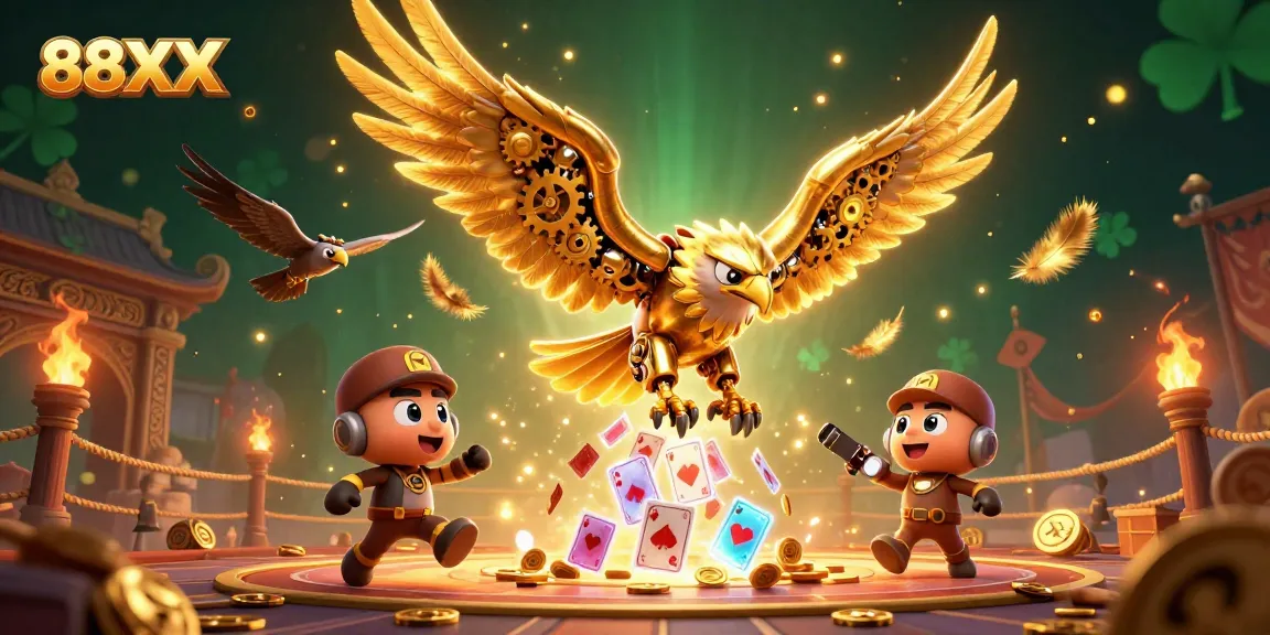 Engage in thrilling gameplay with 88XX at vibrant casino, featuring animated golden eagle and holographic cards.