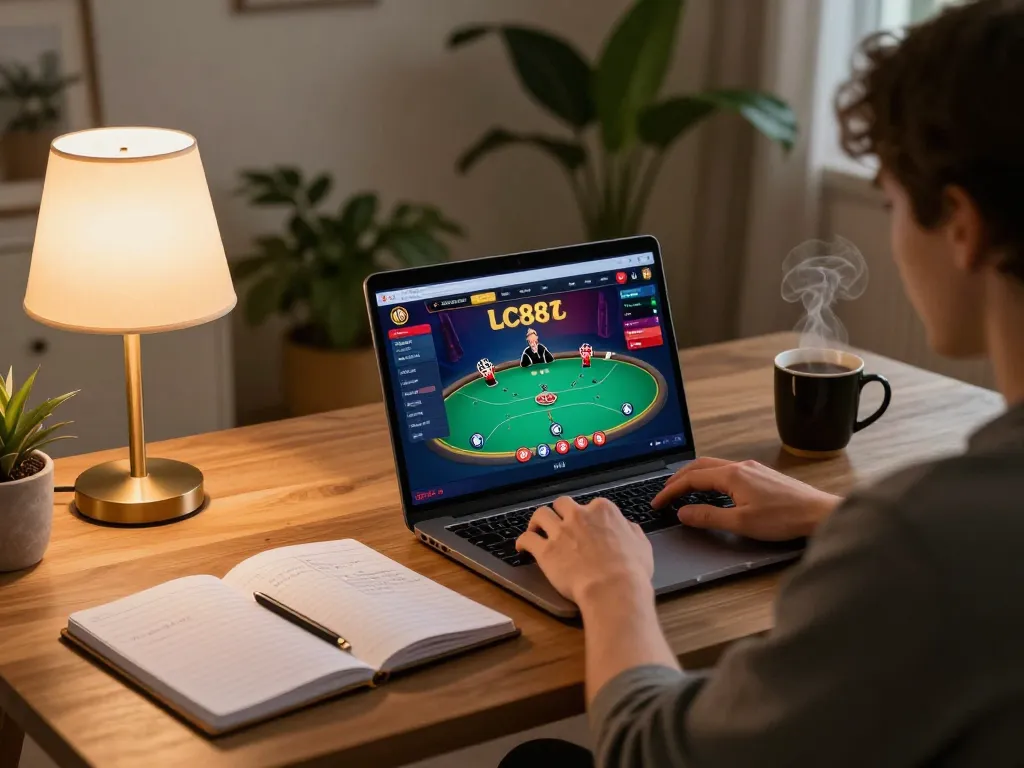 Engaged player enjoying online gaming at lc88 from cozy home setup with strategy notes.
