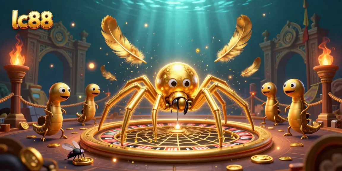 Experience thrilling gaming at lc88 with a golden spider spinning a roulette wheel, bets are placed!