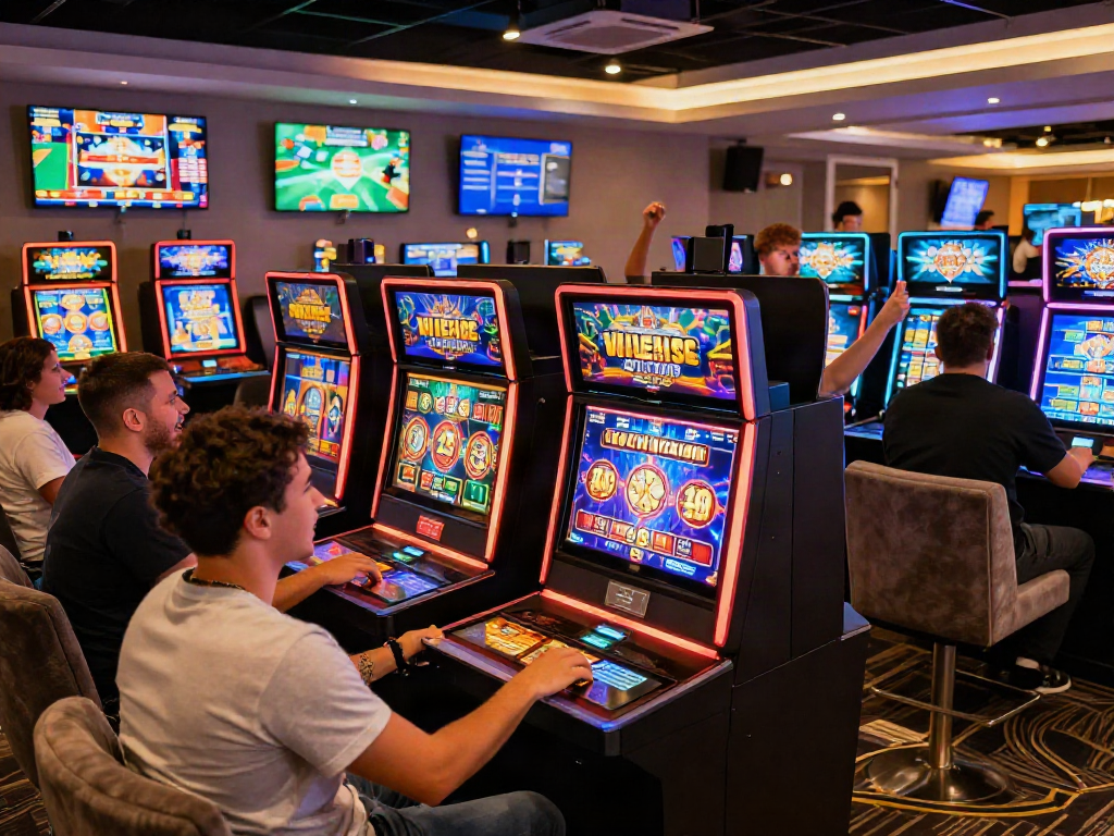 Players enjoying slot online games in an exciting casino atmosphere with colorful machines and lively ambiance.