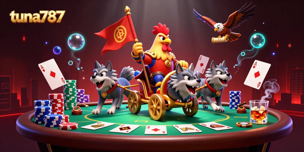 Tuna787 menampilkan karakter ayam jantan 3D sebagai panglima perang dalam suasana perjudian yang menarik, dikelilingi oleh elemen poker.