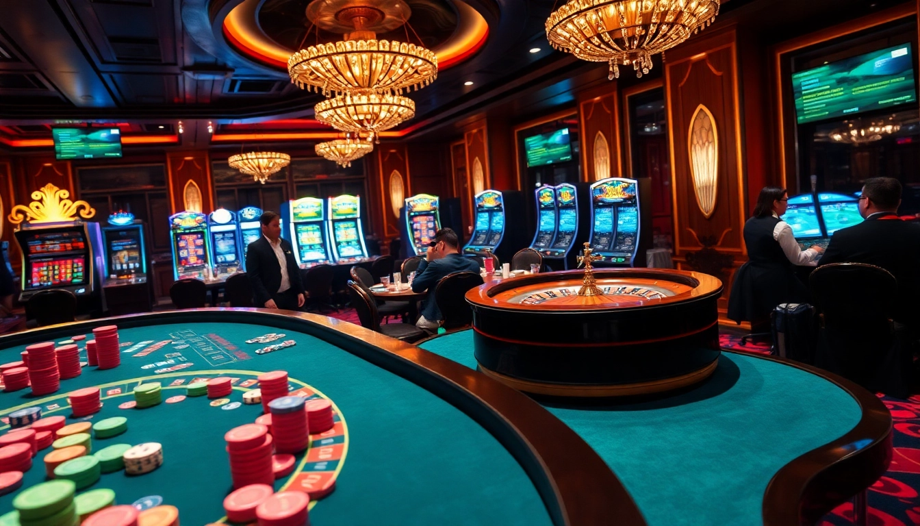 A vibrant casino scene featuring a roulette wheel and gaming tables, highlighting the excitement of trang chủ rr88.