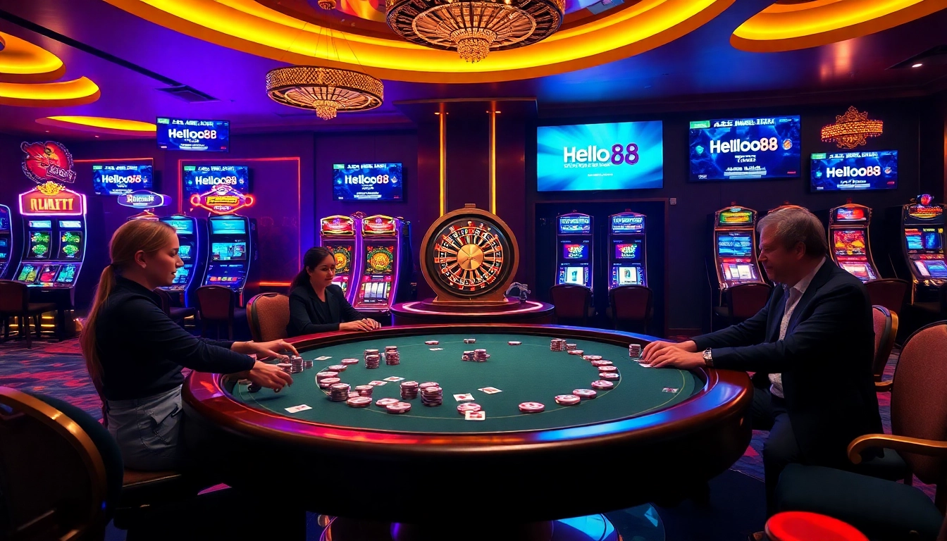 Join the winning excitement at Helloo88 Casino with vibrant gaming tables and players immersed in action.