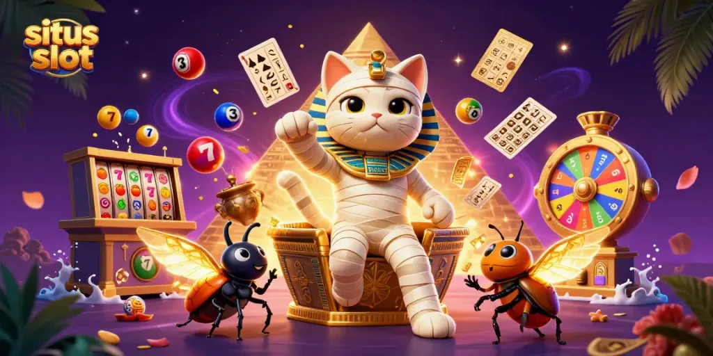 Gulir slot situs slot dengan karakter kucing mumi yang menarik dan elemen permainan menyerupai kasino.