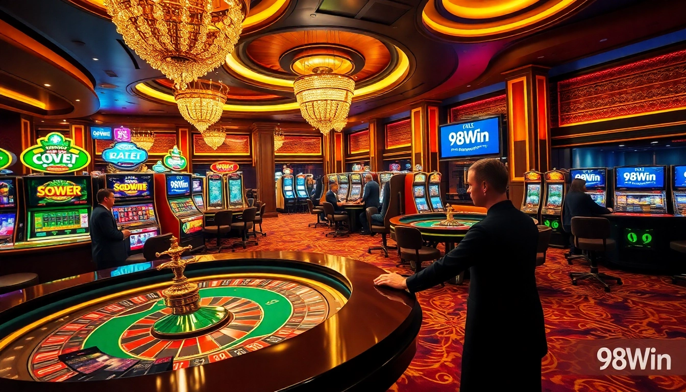 Placing bets at a luxurious 98Win casino table amidst vibrant slot machines and professional dealers.
