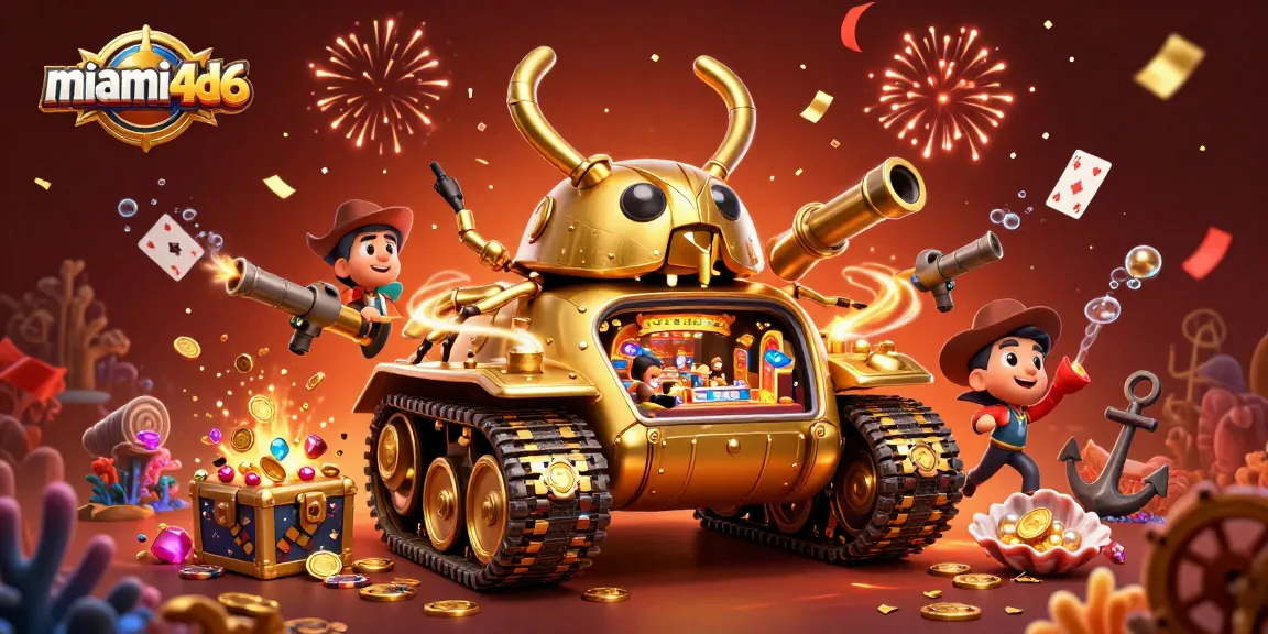 Experience miami4d6's vibrant casino scene with an exciting golden beetle tank amid confetti.