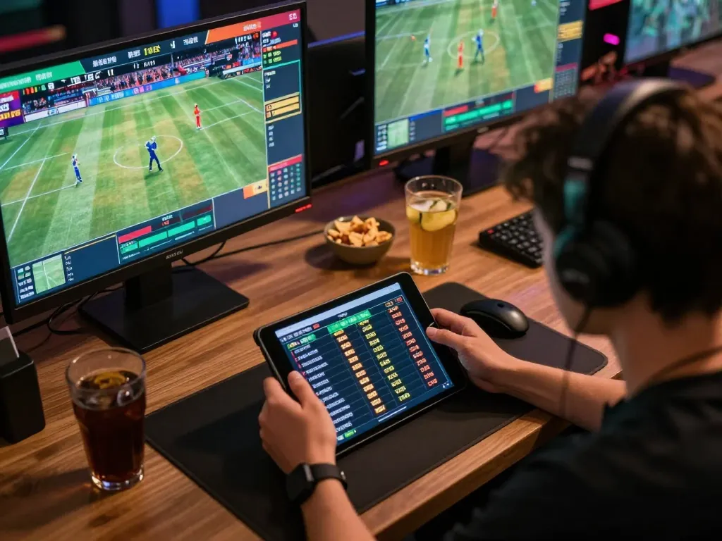 Player analyzing odds on TG88 sports betting app while enjoying snacks and drinks during online gaming.