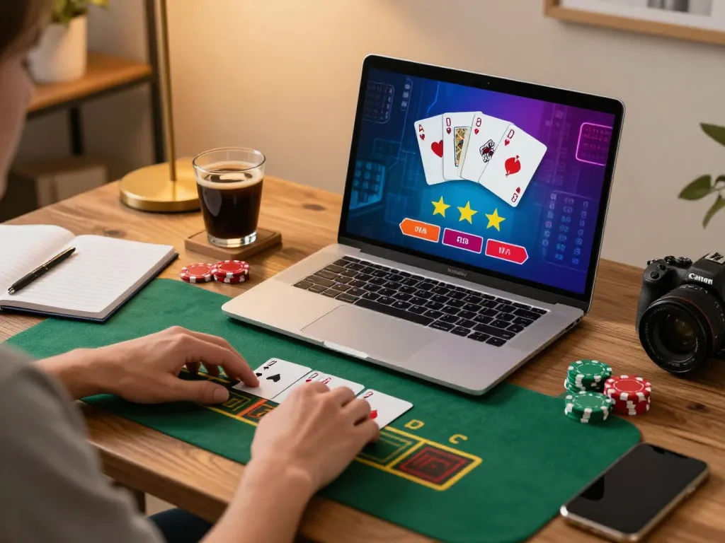 Engaging online blackjack gameplay on mm88.blog in a stylish home setting, showcasing strategic betting.