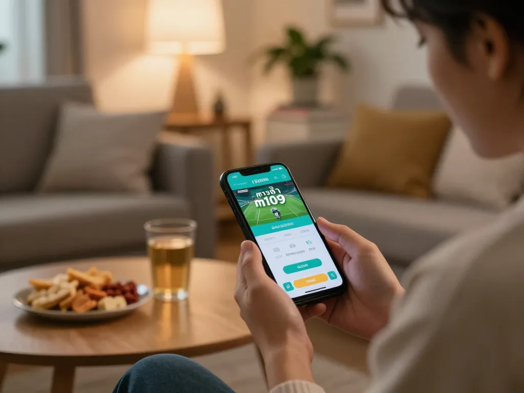 Engaging in ทางเข้า m109 sports betting on smartphone in a cozy home setting