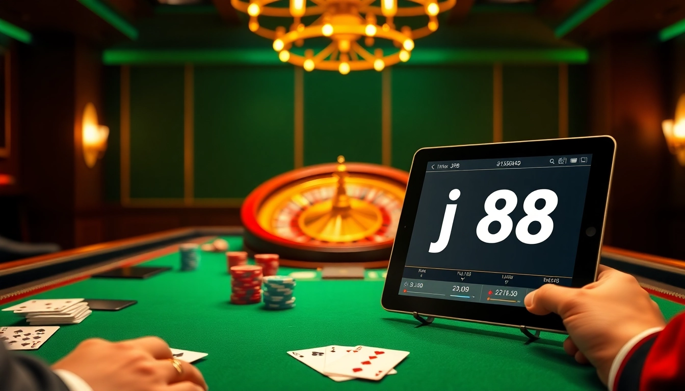 Experience the high-energy excitement of j88 gaming at a luxury casino table filled with poker chips and cards.
