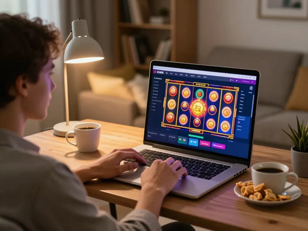 Kuwin player enjoying online slots at home with engaging game interface on screen