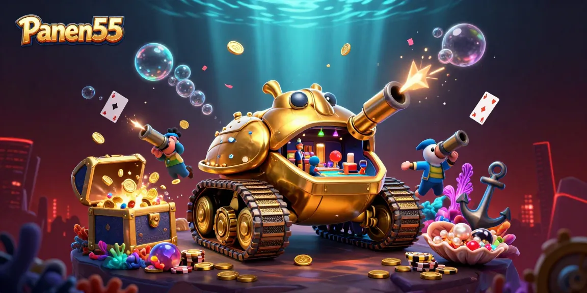 Engage with Panen55's vibrant, unique 3D casino-themed digital illustration featuring a golden beetle tank.