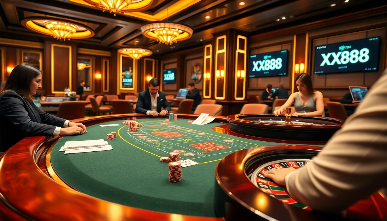 Gamblers engaging in action at an opulent casino table featuring the XX88 logo.