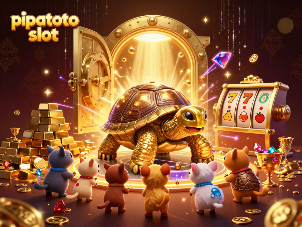 Pipatoto slot features an exciting 3D scene of a golden tortoise pinball machine amid riches and thrilling gameplay elements.