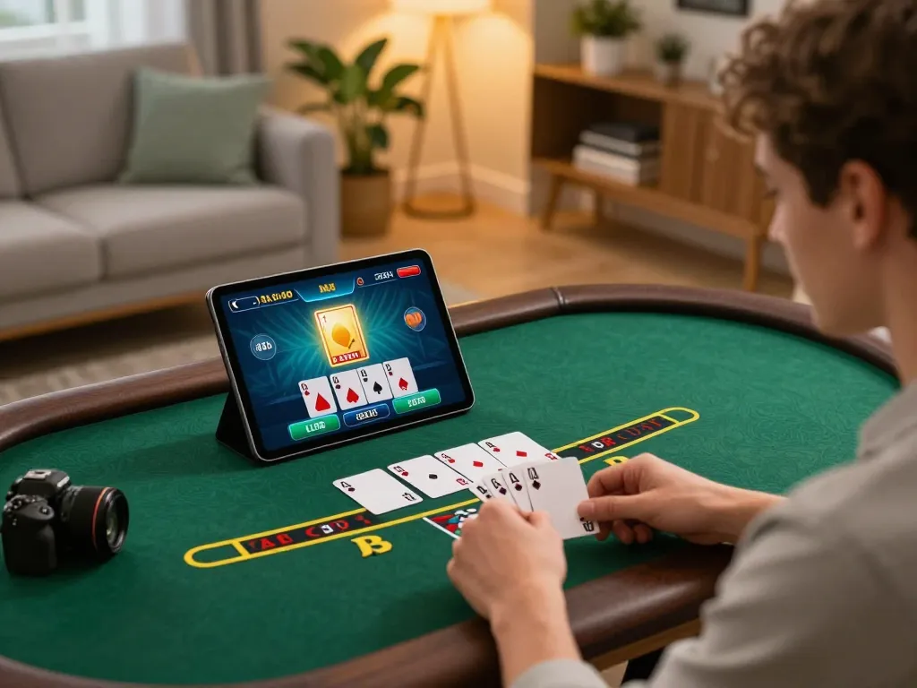 Pengalaman permainan online yang menarik dengan GOLDWIN88, menampilkan seorang pemain di lingkungan yang nyaman, berpartisipasi dalam permainan baccarat langsung.
