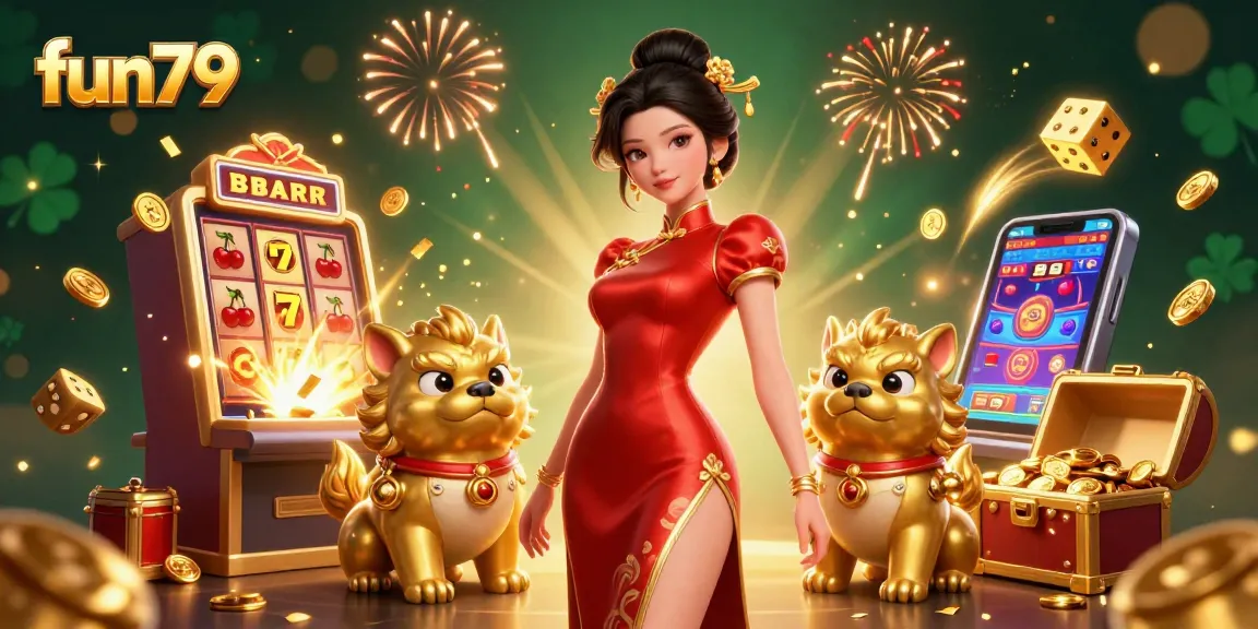 Join the excitement at fun79 with a glamorous Asian woman celebrating in a vibrant casino scene.
