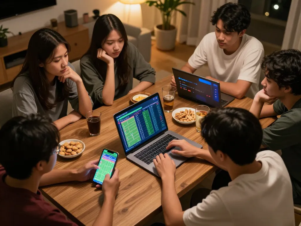 Soi Kèo strategies discussed among friends during an engaging sports betting session at home